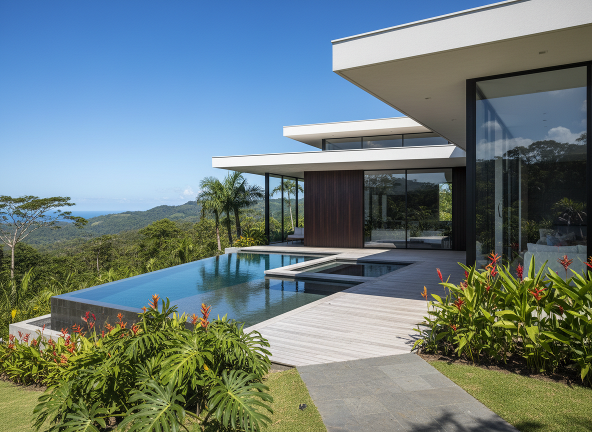 Propiedad moderna en Costa Rica con líneas arquitectónicas limpias y ventanales de cristal